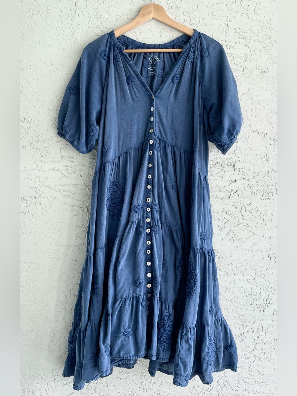 Kyla Seo Elsa Oversized Blue Cotton Dress with Floral Embroidery